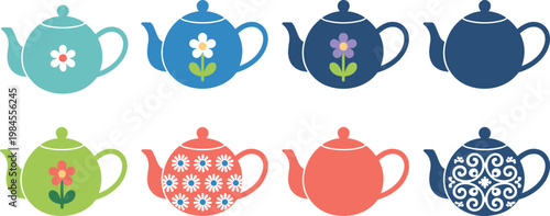 Colorful Ceramic Teapot Vector Set Featuring Floral Patterns and Decorative Ornaments for Kitchenware Design and Tea Party Invitations