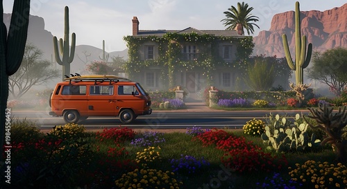 A vintage orange van cruises past a lush, flower-covered house in a desert landscape. Tall cacti and rock formations are present