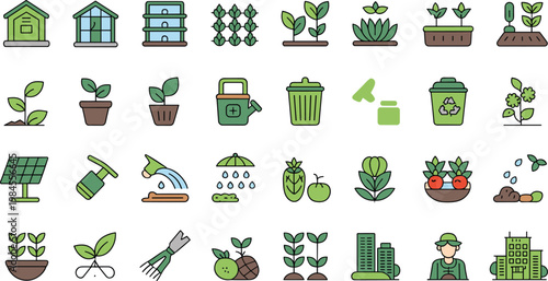 Sustainable urban farming icon set featuring greenhouse vertical gardening solar energy organic seeds watering tools and city agriculture flat vector illustrations