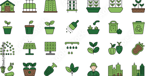 Sustainable urban farming icon set featuring greenhouse vertical gardening solar energy organic seeds watering tools and city agriculture flat vector illustrations