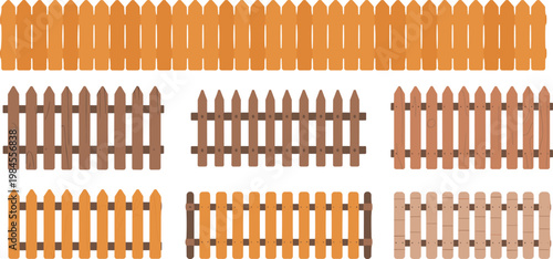 Wooden picket fence vector set with various timber textures and brown colors for garden backyard boundary and home exterior design elements
