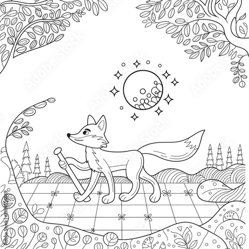 Whimsical fox walking with a cane under a starry night moon, line art illustration