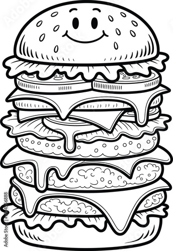 Happy face triple cheeseburger with lettuce and tomato, black and white line art vector illustration