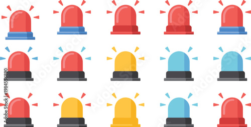 Emergency siren flasher light icon set with various colors for police ambulance fire truck and security alarm system alert flat vector illustrations