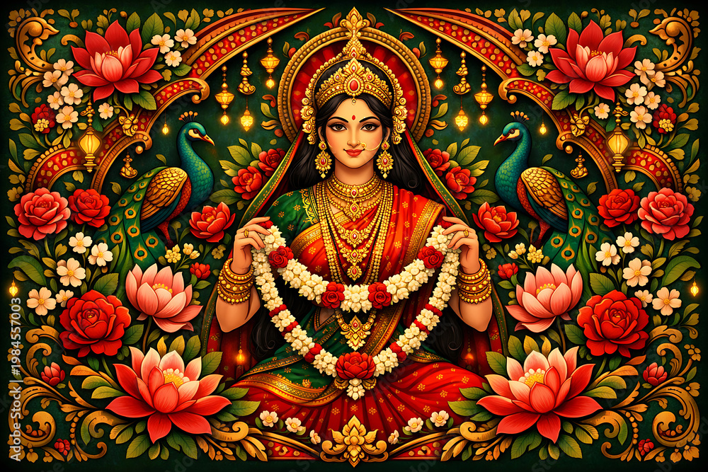 Obraz premium Traditional colorful illustration of devi sita holding floral garland with beautiful peacocks and red blooming lotuses celebrating the auspicious sita navami hindu festival puja background