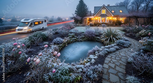 A picturesque scene of a house with lit windows and a garden with a frozen pond and passing RV on the road