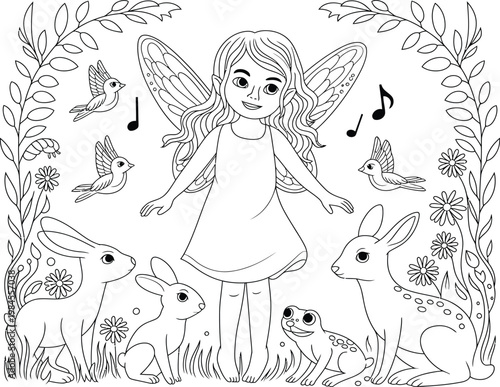 Enchanting Fairy Surrounded by Woodland Animals and Birds in a Garden, Line Art Vector Illustration