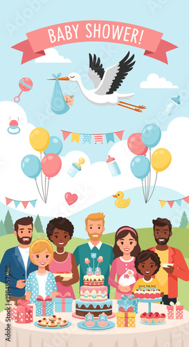 A joyous baby shower celebration with a stork delivering a baby, balloons, gifts, and a diverse group of happy family and friends gathered around a decorated table.