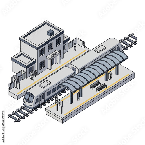 Isometric Train Station with Train and Platform Illustration.