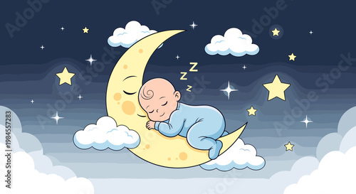 A cute baby peacefully sleeping on a crescent moon surrounded by stars and clouds in the night sky.