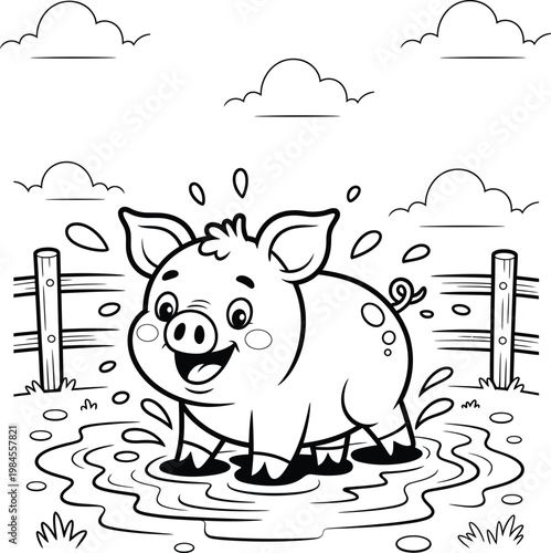 happy pig playing in muddy puddle vector illustration