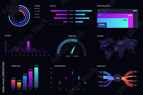 Bild auf Leinwand Dark Mode Data Visualization Dashboard Template — Complete Chart Collection for