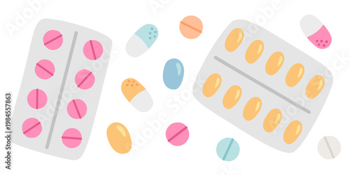 Pills and medicine banner vector set in naive cartoon style. Kawaii capsules, tablets, blisters isolated on white for pharmacy header, medical packaging, stationery. Stylish minimalist doodle.