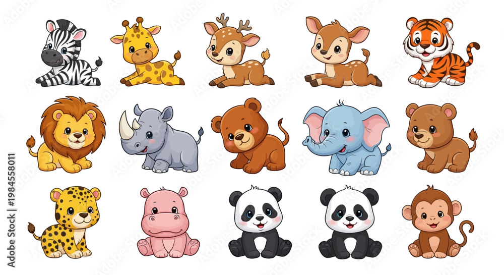 Obraz premium Collection of cute cartoon wild animals including lion elephant tiger and giraffe characters