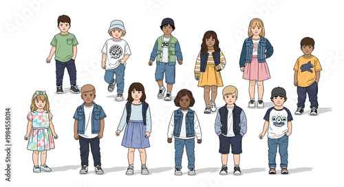 A diverse group of children of various ethnicities and genders are depicted standing in a line, showcasing a range of casual and stylish outfits.
