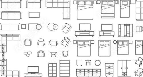 Top view home furniture floor plan vector set. Thin line interior icons of beds, sofas, chairs, tables, wardrobes and storage for apartment layout, CAD plans and architectural design