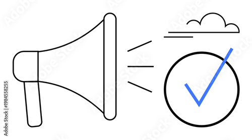 Verified messaging, trust building, social media, brand communication, announcements, marketing authenticity. A megaphone emitting sound waves, next to a blue check mark and a cloud. Verified