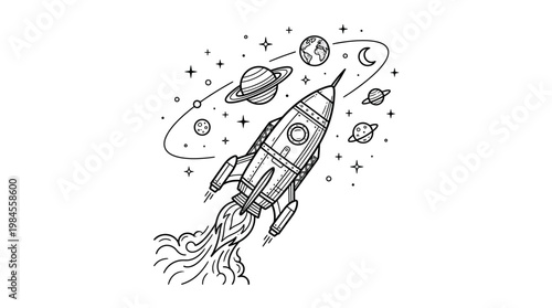 A rocket ship blasts off into space.