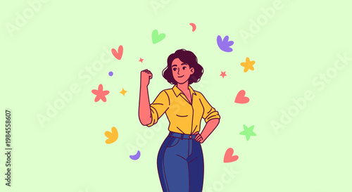 A cartoon woman celebrating with colorful stars and hearts.