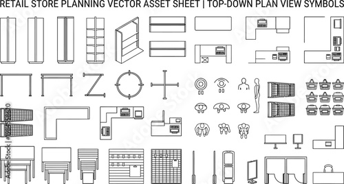 Top view retail store planning vector set. Thin line shop fixture icons for shelves, racks, counters and display units for retail layout, CAD plans, supermarket and mall design