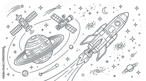 A line drawing of a rocket ship and satellites in space with planets.