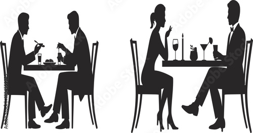 Restaurant dining silhouettes vector, romantic couple date night, business meeting at dinner table icon set