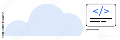 Cloud computing, software development, coding, web hosting, data storage, technology integration. Minimalist cloud graphic and <code> icon on a screen. Cloud computing and software development