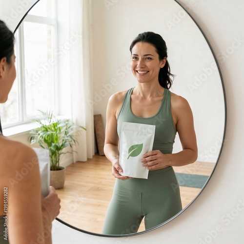 Fit woman holding eco-friendly supplement, calm and healthy mood, looking at herself in a home mirror, against a bright minimalist interior background