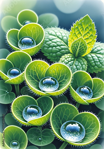 Vertical Hyperrealistic digital painting of lush green mint leaves holding crystal clear water droplets in a serene morning garden, ideal for wellness and spa backgrounds.