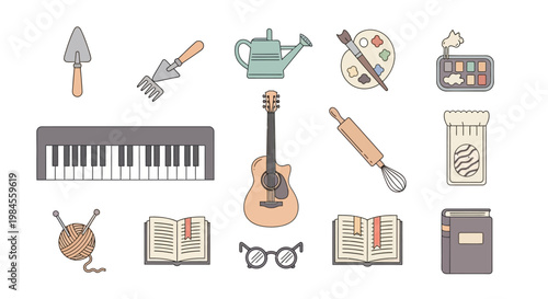 Collection of stylized illustrations depicting hobbies and leisurely activities isolated