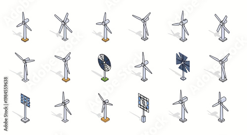 Illustrated collection of renewable energy sources, wind turbines and solar panels