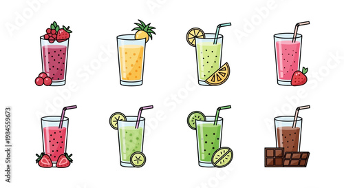 Illustrated selection of refreshing beverages and healthy fruit smoothies in colorful glasses