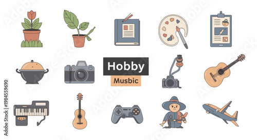 Illustration depicting various hobbies and interests: music, photography, art, and travel