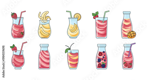 Illustrated depiction of diverse fruit-infused beverage options in attractive glass containers