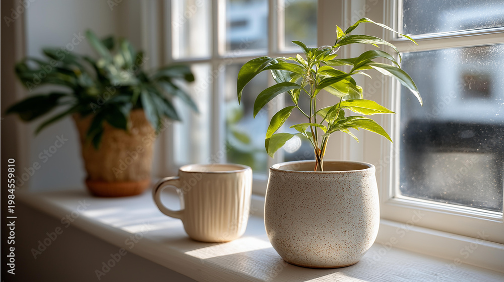 Fototapeta premium Minimal sunlit windowsill with a small potted plant and a ceramic cup, quiet morning lifestyle concept, slow living still life photography, with copy space