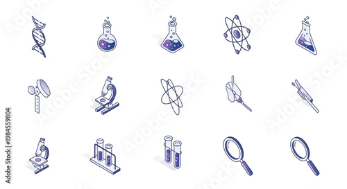 Isometric scientific illustrations featuring dna, flasks, atom models, microscopes, and more