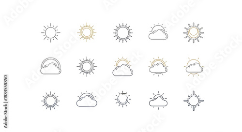 Minimalist weather icon set featuring sun, clouds, and radiant elements for various themes