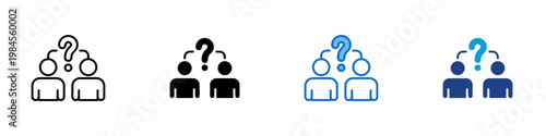 User Confusion Multiple Style Icon Design Vector - Two users with question marks representing uncertainty, decision difficulty, and problem clarification