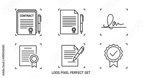 Set of contract and signature icons for business and legal documents.
