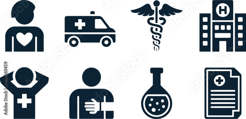 A set of essential healthcare and medical icons representing patient care, emergency, and hospital services