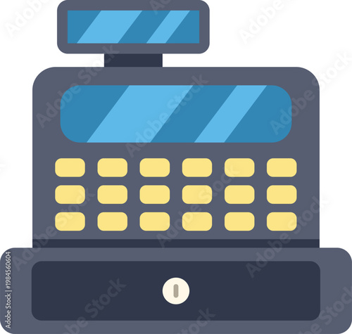 Flat design cash register displaying commerce and payment functionality