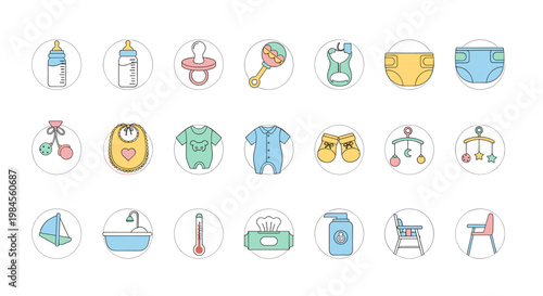 A collection of colorful flat design baby care and accessories icons, including bottles, pacifiers, rattles, diapers, clothing, and bath items.