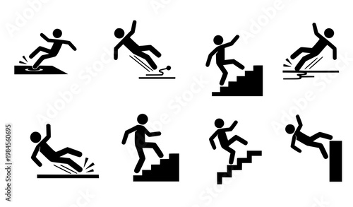 Tableau sur toile Trendy workplace safety caution icons with falling stick figures slipping trippi