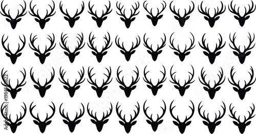 A spacious grid displaying many identical black deer head silhouettes with large antlers on a white field