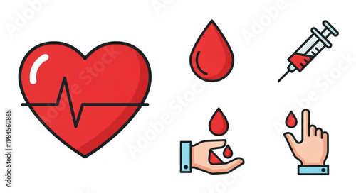 Medical icons representing heart health blood donation and diabetes testing.