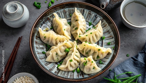 Delicious steamed shrimp and chive dumplings, artfully arranged on a patterned plate with chopsticks and tea, showcasing fresh ingredients.
