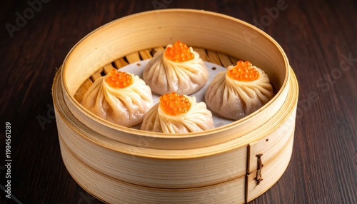 Exquisite Pork Siu Mai Dumplings with Bright Orange Caviar Garnish in a Traditional Bamboo Steamer Basket, Appetizing Presentation