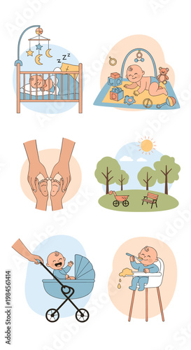A collection of six charming illustrations depicting various aspects of early childhood development and care, including sleeping, playing, and outdoor activities.