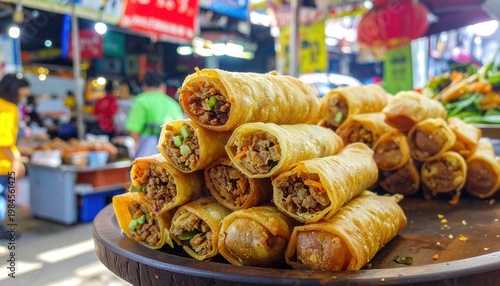 Golden Crispy Spring Rolls Freshly Fried at a Vibrant Street Food Market, a Delicious Asian Appetizer