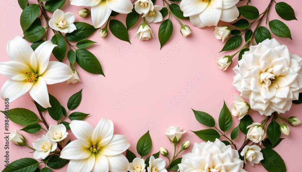 Fototapeta premium Elegant Floral Flat Lay Pastel Pink Background